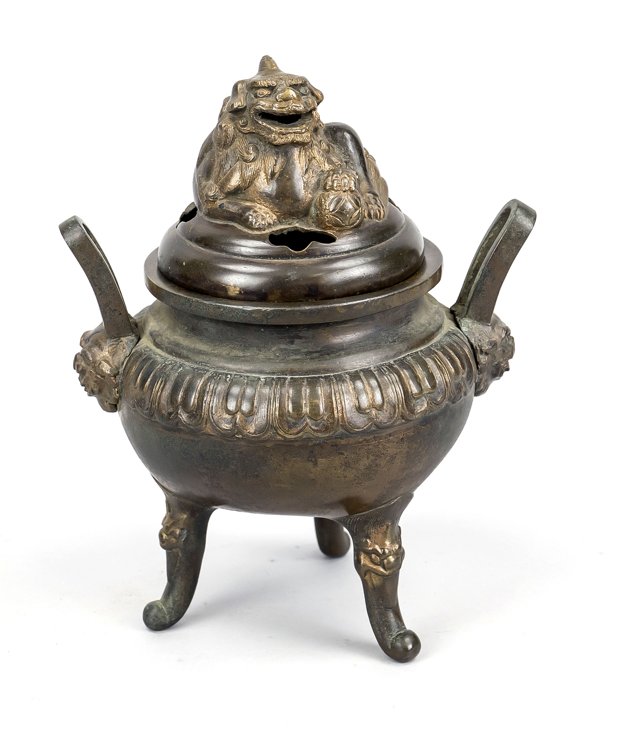 Tripod censer with lid, China probably 19th century, bronze. Bellied body on 3 slender legs,