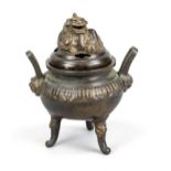 Tripod censer with lid, China probably 19th century, bronze. Bellied body on 3 slender legs,