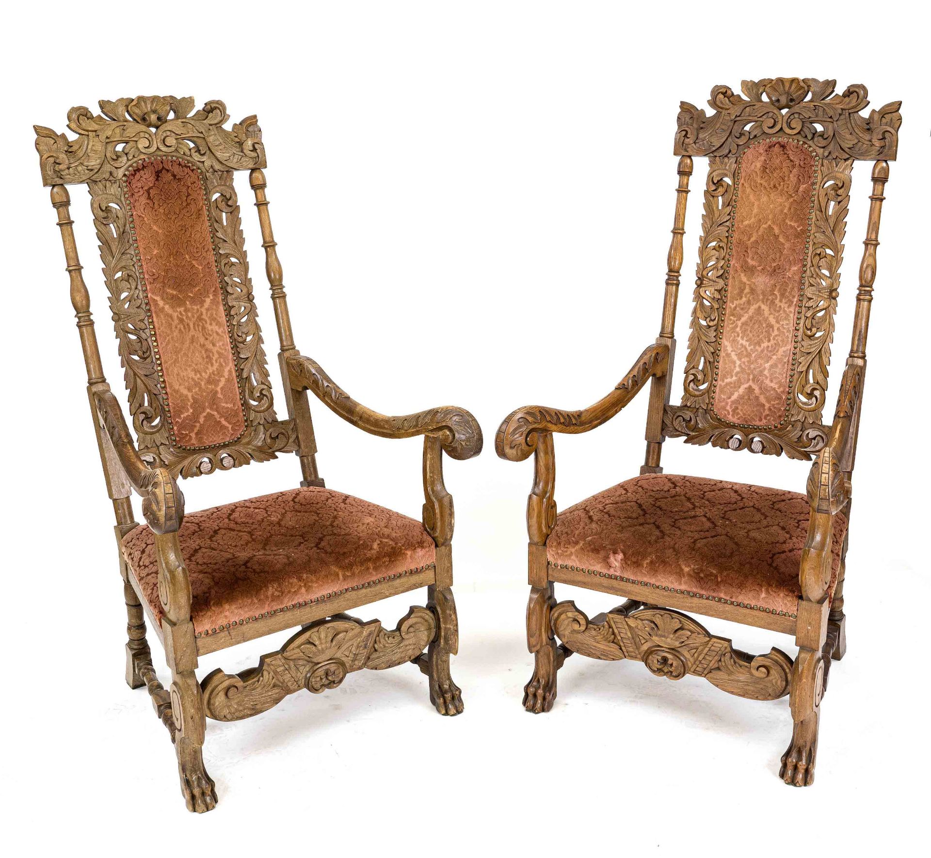 Pair of large armchairs from around 1880, richly carved oak, 135 x 72 x 67 cm