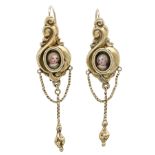 Biedermeier foam gold earrings GG 585/000 unmarked, tested, with 2 oval miniatures 7 x 5.5 mm of