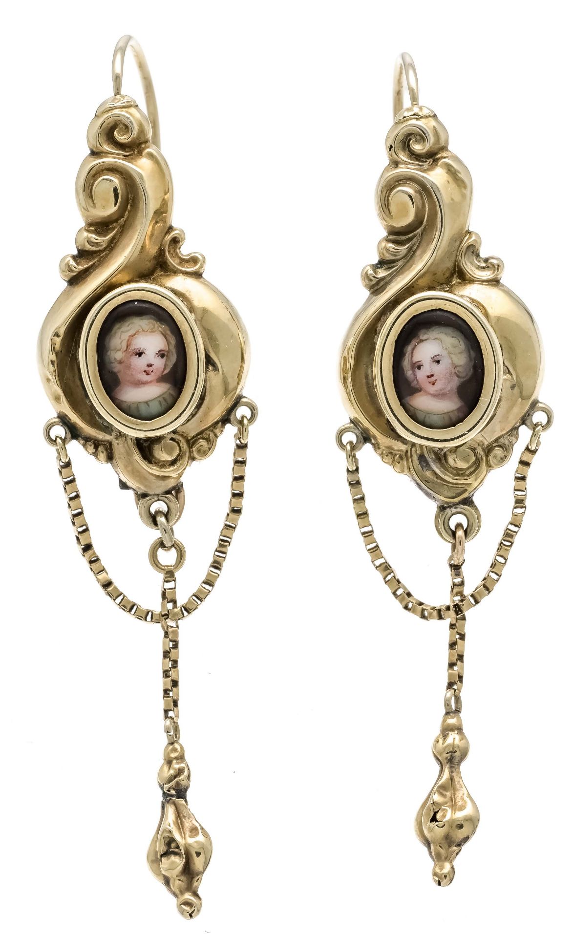 Biedermeier foam gold earrings GG 585/000 unmarked, tested, with 2 oval miniatures 7 x 5.5 mm of