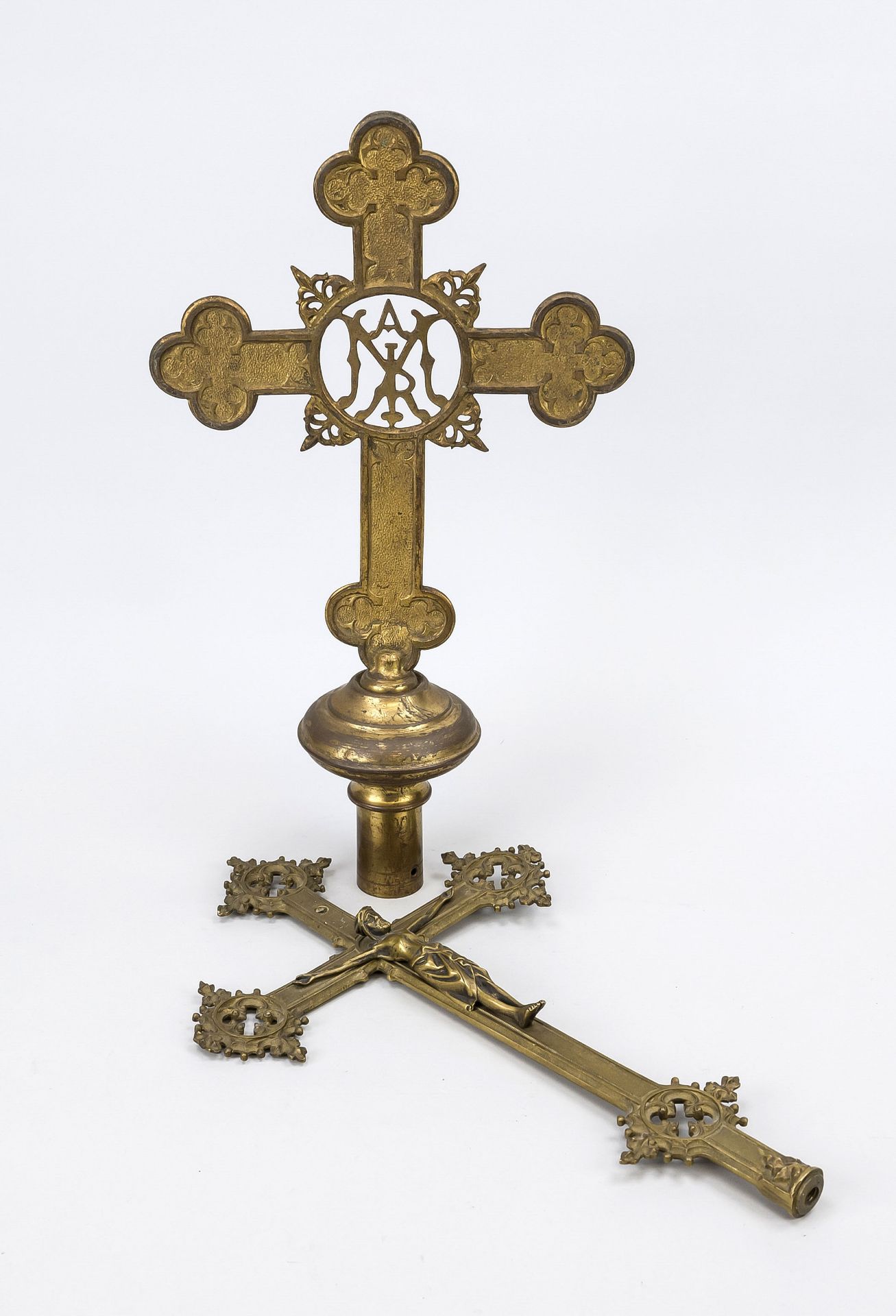 2 crosses, 19th century, brass. A votive cross, neo-Gothic style, open-worked, central letters