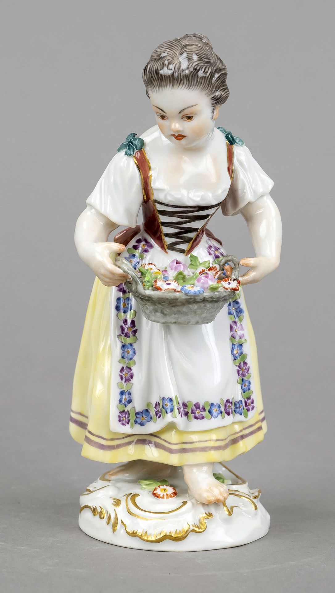 Gardener's girl with flower basket, Meissen, late 20th century, 1st choice, designed by Johann