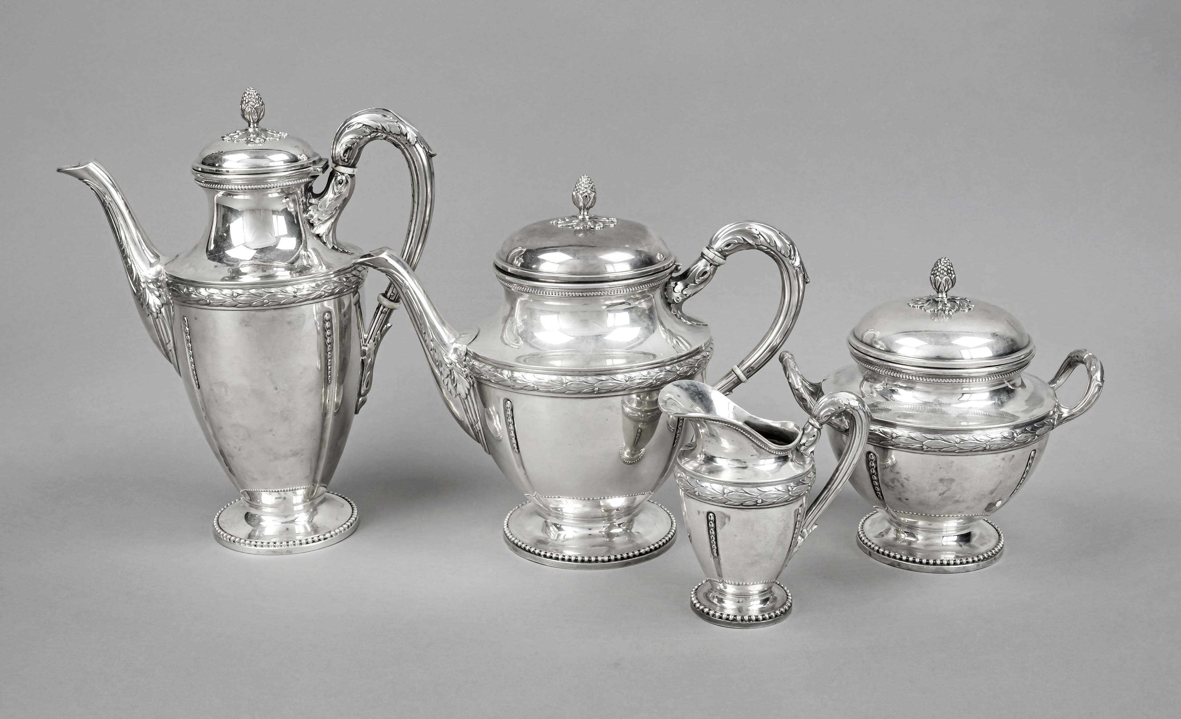 A four-piece coffee and tea pot, France, c. 1900, MZ unmarked, silver 950/000, each on a round stand