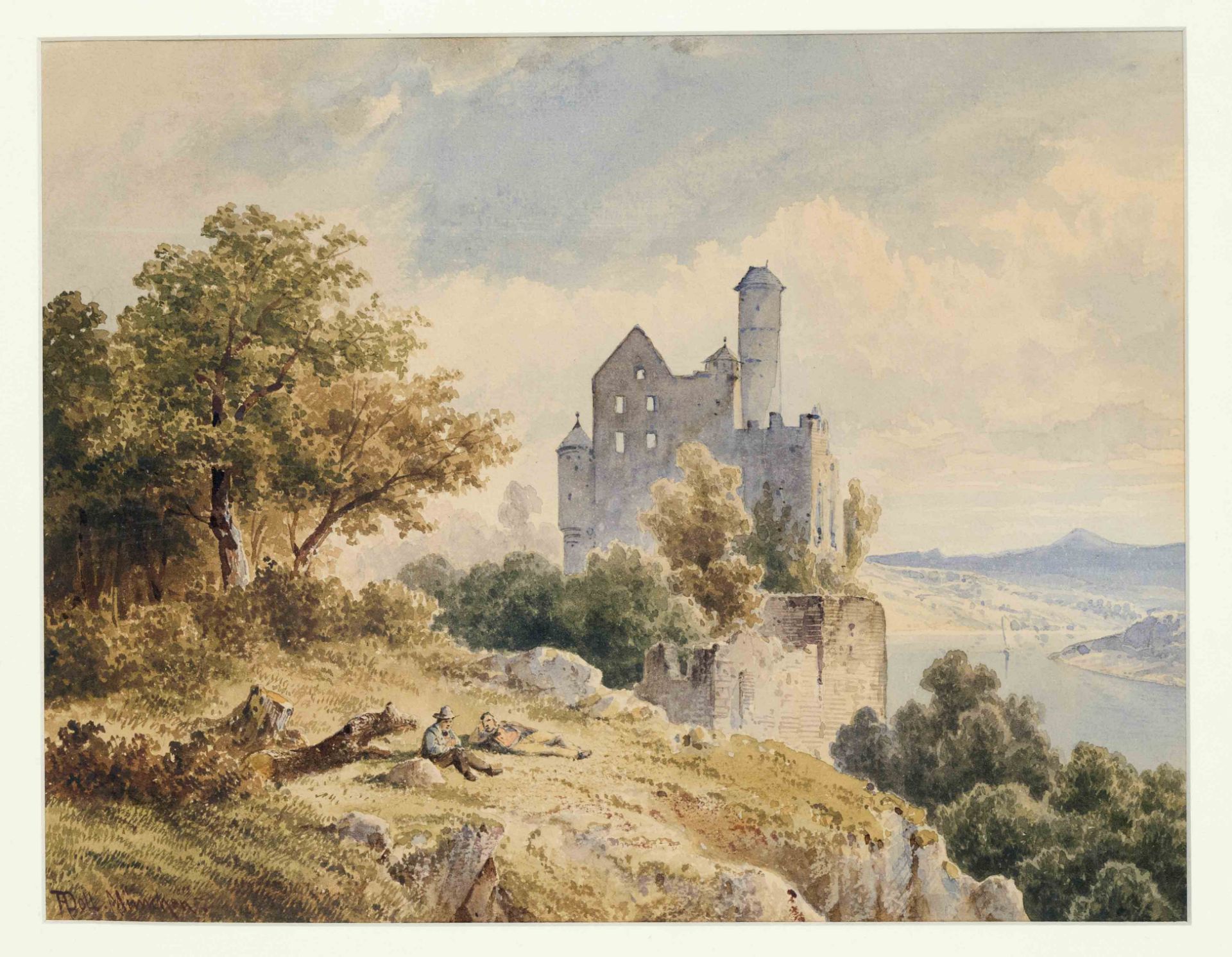 Anton Doll (1826-1887), architectural painter in Munich, River landscape with castle ruins and