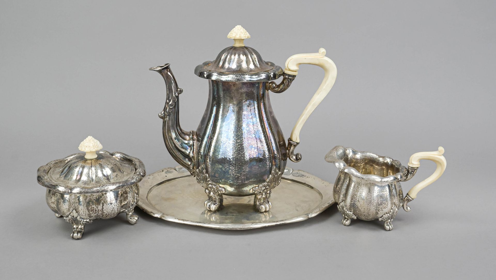 A three-piece coffee pot and oval tray, German, c. 1930, maker's mark J. D. Schleissner & Söhne,