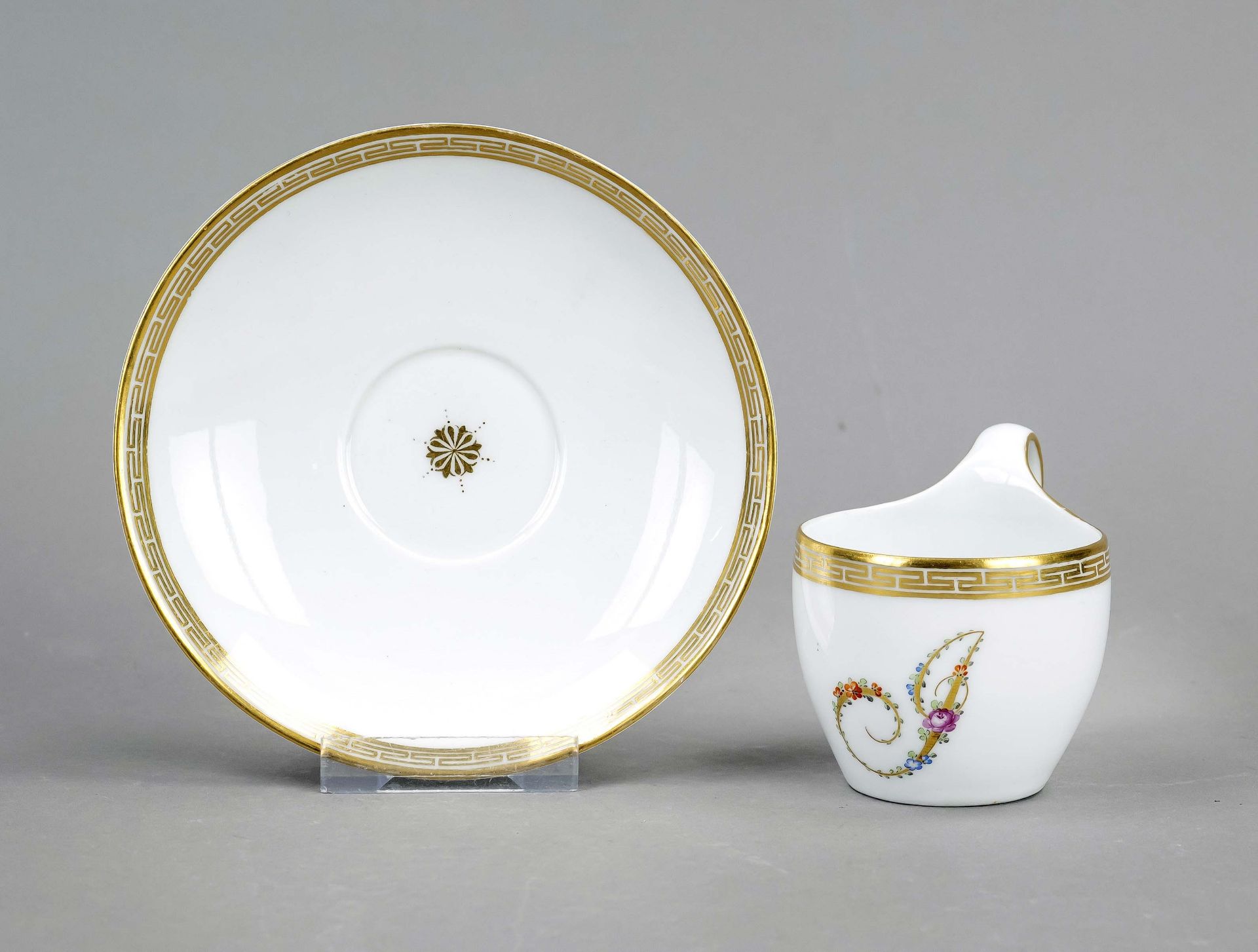 Cup and saucer, KPM Berlin, mark 1780-1800, 1st choice, campanile form with raised handle, the front