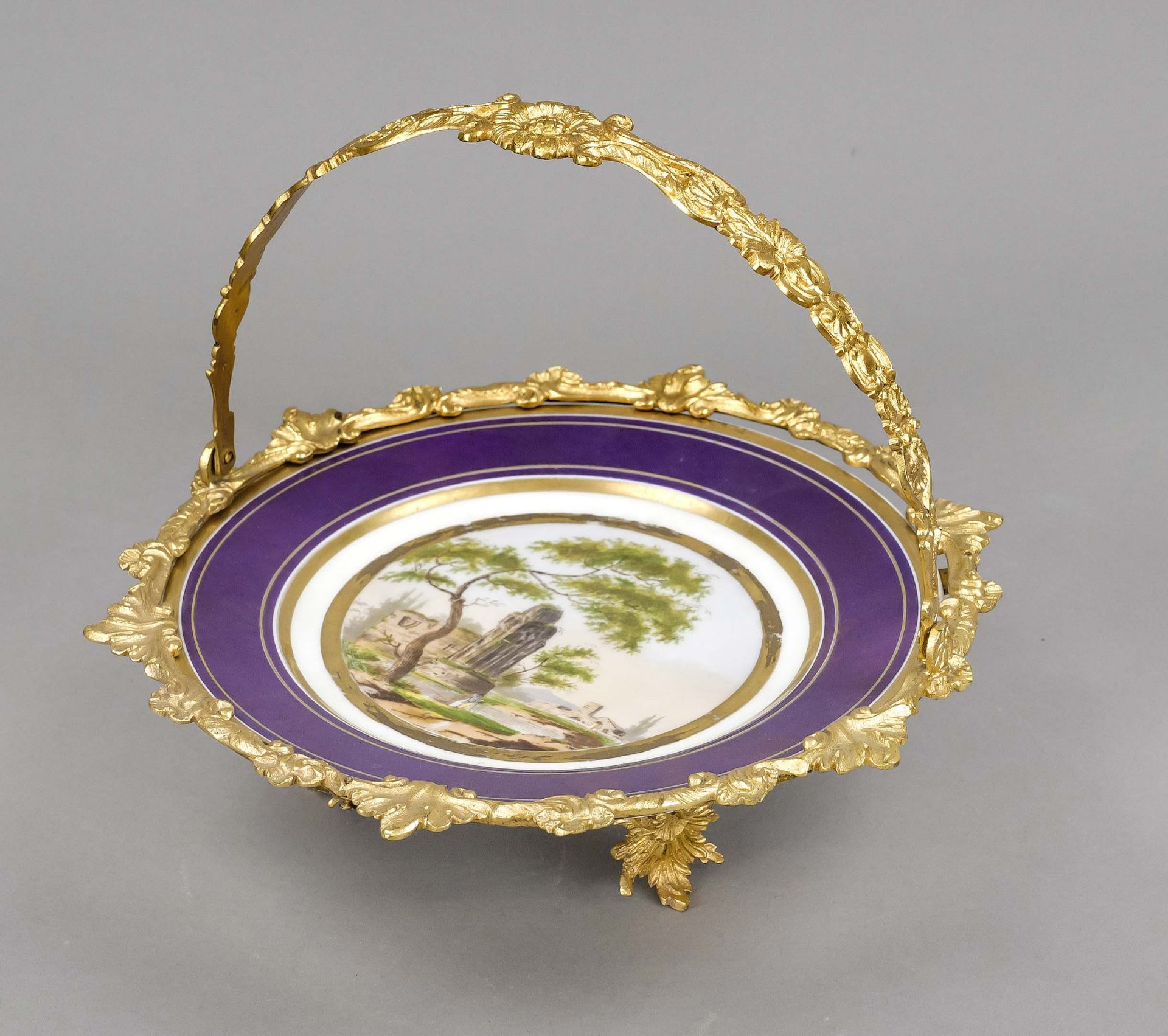 Centerpiece, w. France, late 19th century, smooth plate with polychrome landscape painting in the