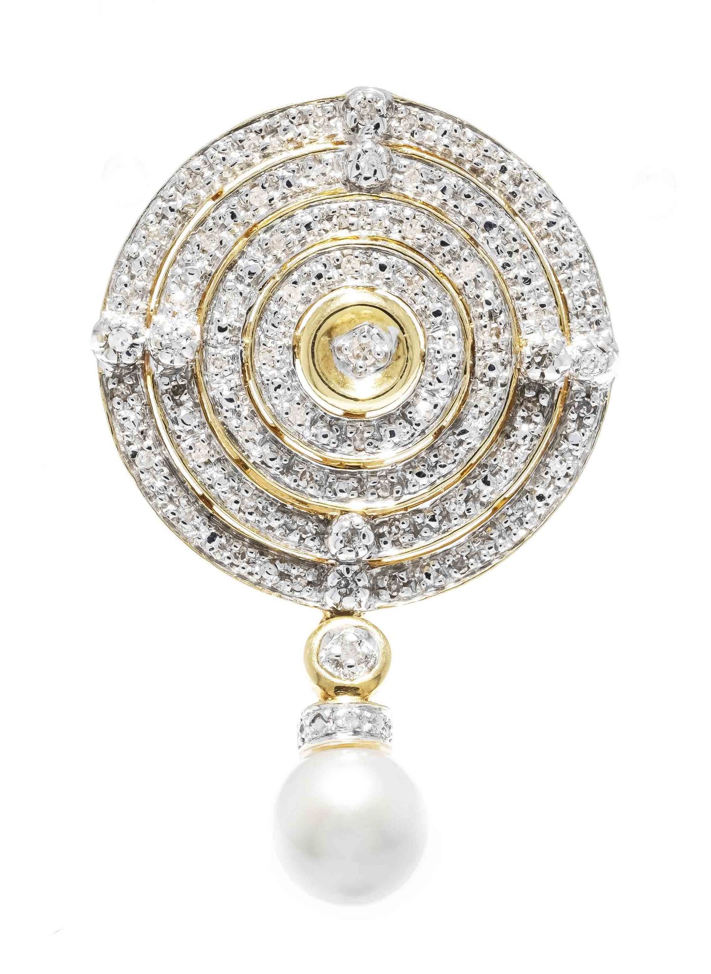 Akoya pearl diamond brooch GG/WG 750/000 with a cream-white Akoya pearl 8 mm and 63 octagonal