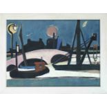 C. Wessel, mid 20th century, abstract nocturnal harbor scene, oil on cardboard, signed lower