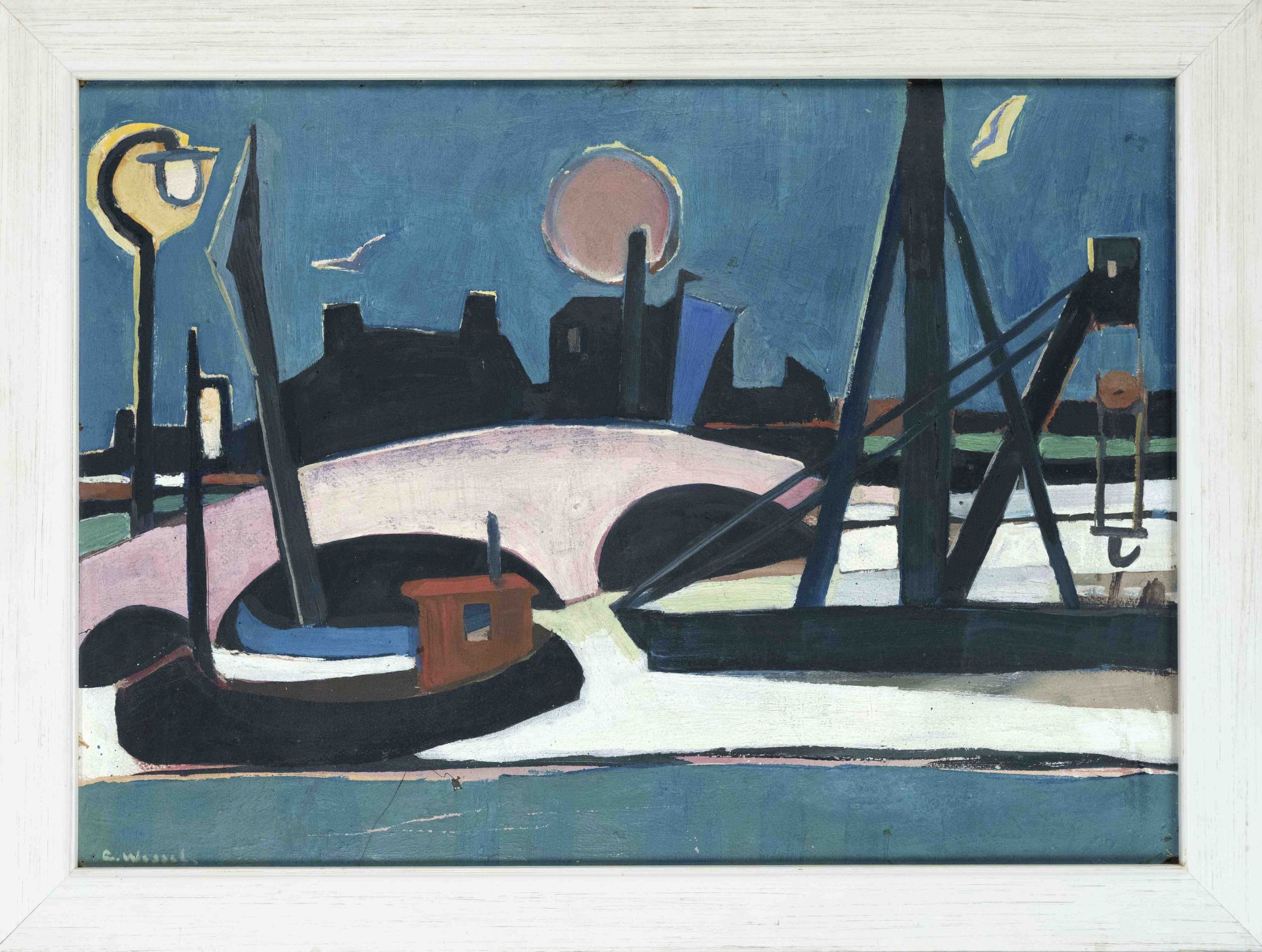 C. Wessel, mid 20th century, abstract nocturnal harbor scene, oil on cardboard, signed lower