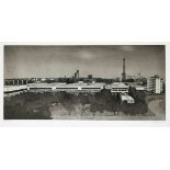 Jan Huber (*1938), Berlin view with Deutschlandhalle and radio tower, aquatint etching, signed and