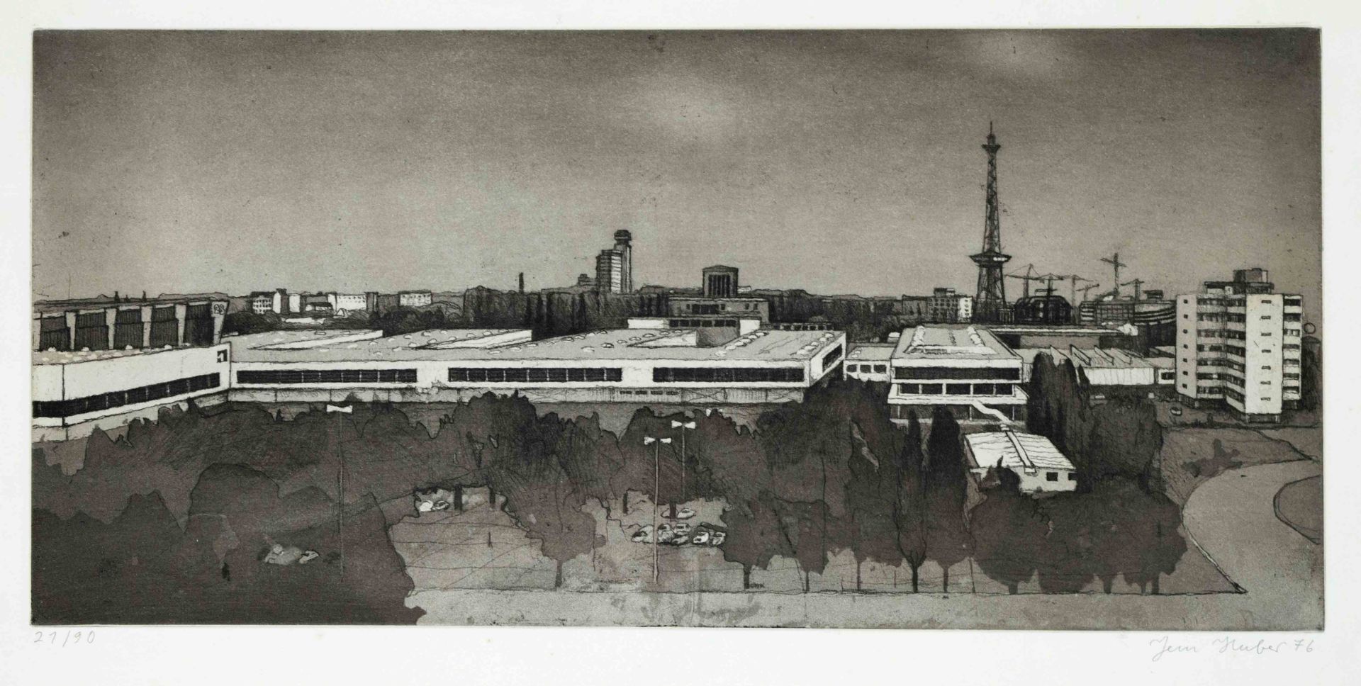 Jan Huber (*1938), Berlin view with Deutschlandhalle and radio tower, aquatint etching, signed and