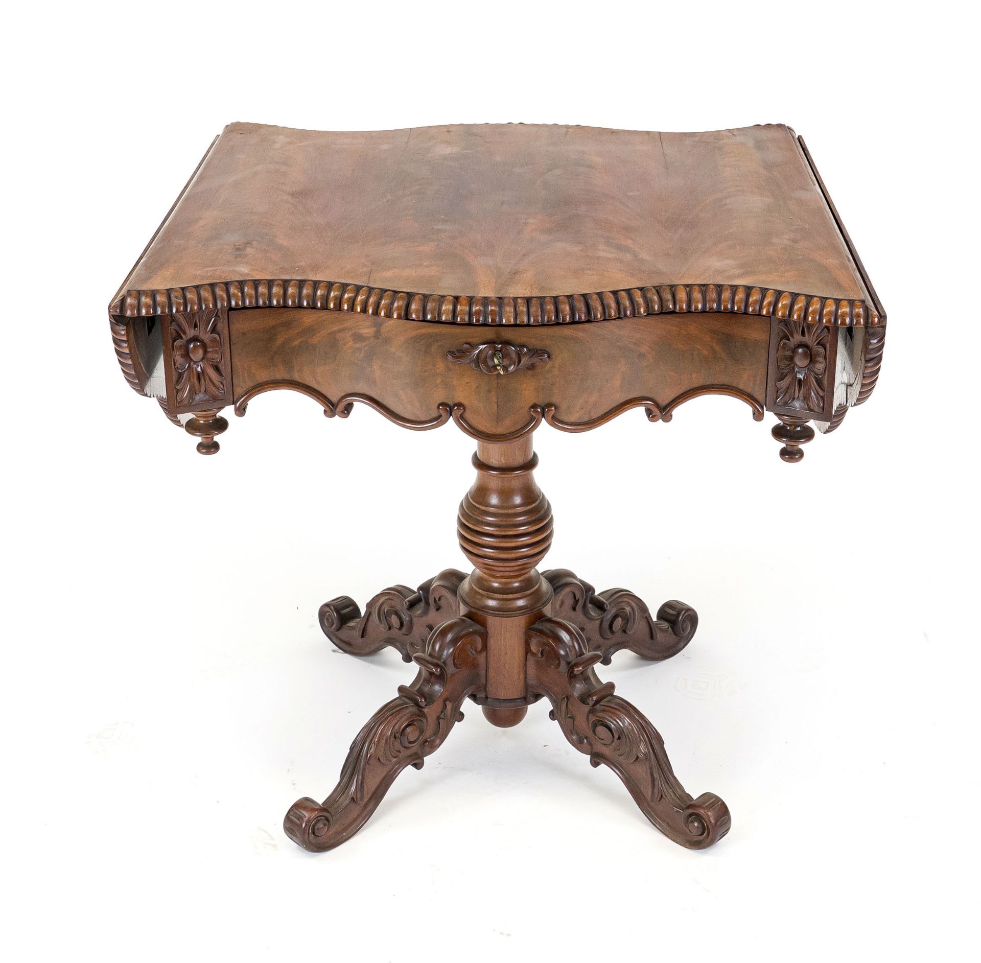 Side table with drawer, 19th century, mahogany, curved frame with corresponding top, 73 x 75/117 x - Image 2 of 2