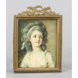 Miniature, 20th century, reproduction print on card, oval portrait of Countess Potocka in a blue