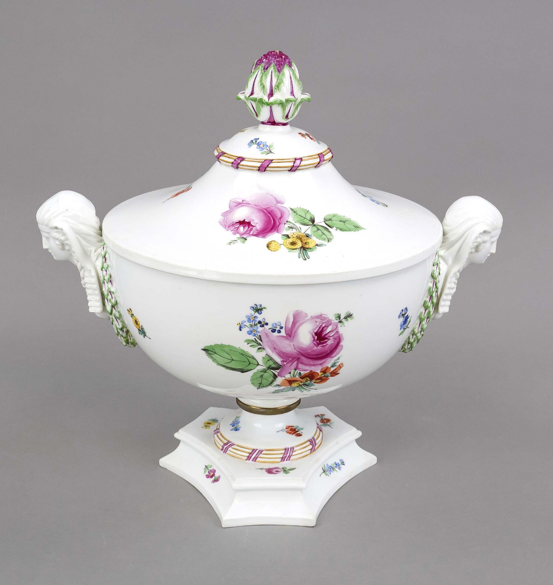 A rare Classicist lidded tureen with pharaoh's heads, Meissen, Marcolini mark 1774-1814, designed by