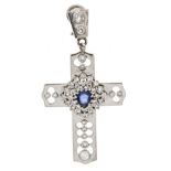 Single sapphire cross clip ear stud WG 750/000 unmarked, tested, with a drop-shaped faceted,