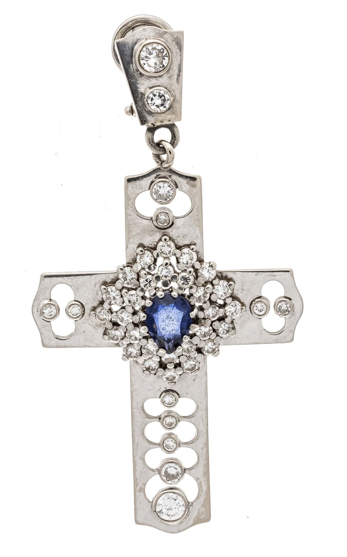 Single sapphire cross clip ear stud WG 750/000 unmarked, tested, with a drop-shaped faceted,