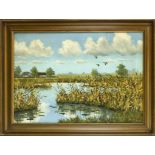 Svend Jensen, Danish painter 1st half 20th century, Pond with Reeds and Flying Ducks, oil on canvas,