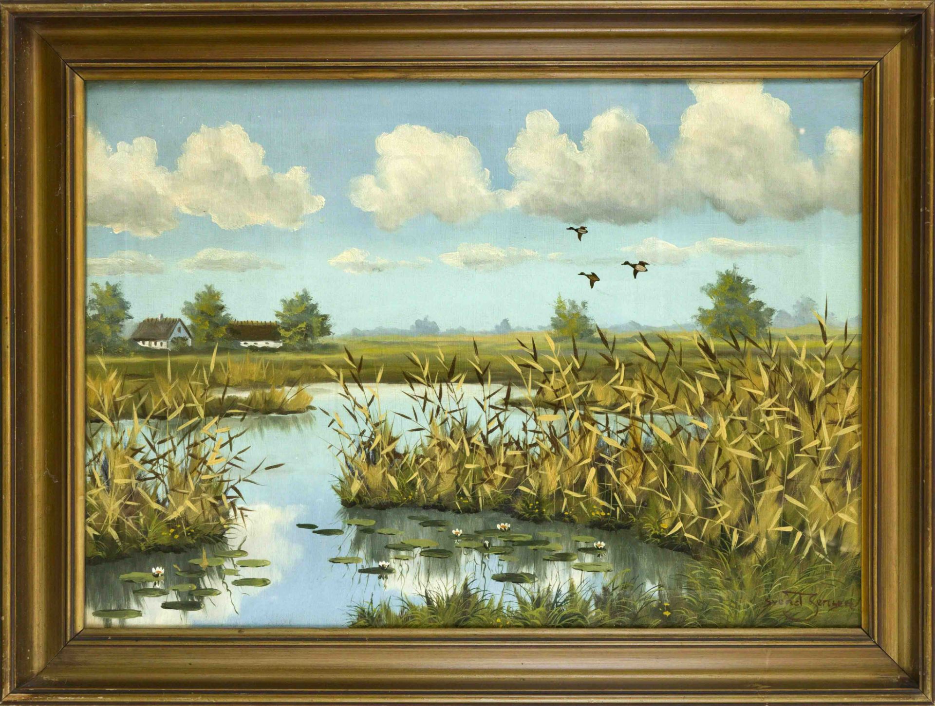 Svend Jensen, Danish painter 1st half 20th century, Pond with Reeds and Flying Ducks, oil on canvas,