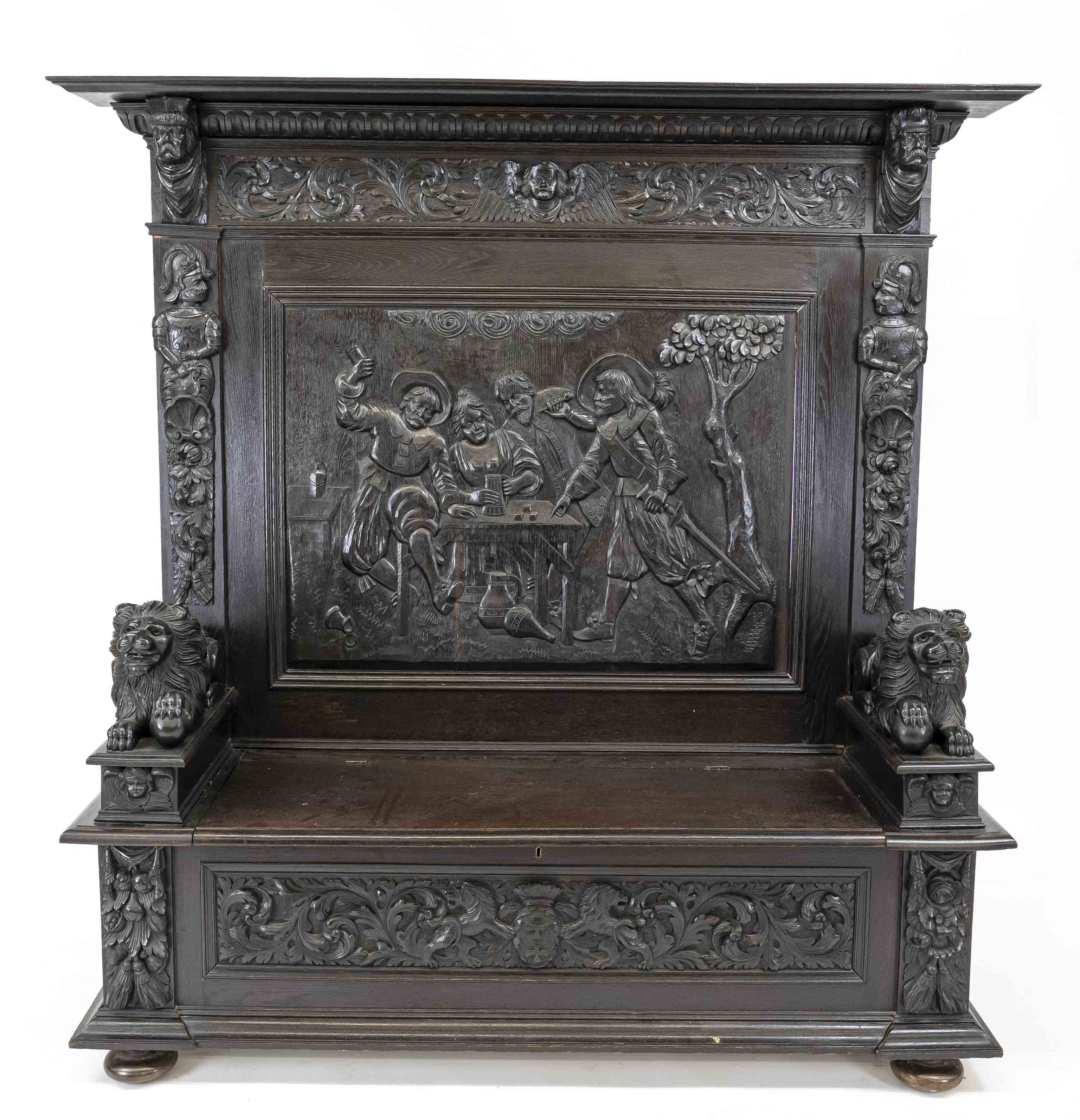 Large chest bench around 1880, ebonized oak, rich carved decoration, depiction of a drinking