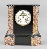 A marble table clock, black/red-brown, 2nd half 19th century, 2-part white enamel dial with