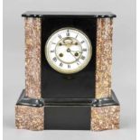 A marble table clock, black/red-brown, 2nd half 19th century, 2-part white enamel dial with