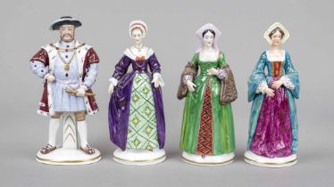 Henry VIII and 3 of his 6 wives, Sitzendorf, Thuringia, from 1950, fully sculpted depiction of Henry