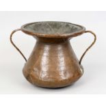 Copper vessel with double handle, 19th century, wall with embossed decoration, funnel-shaped