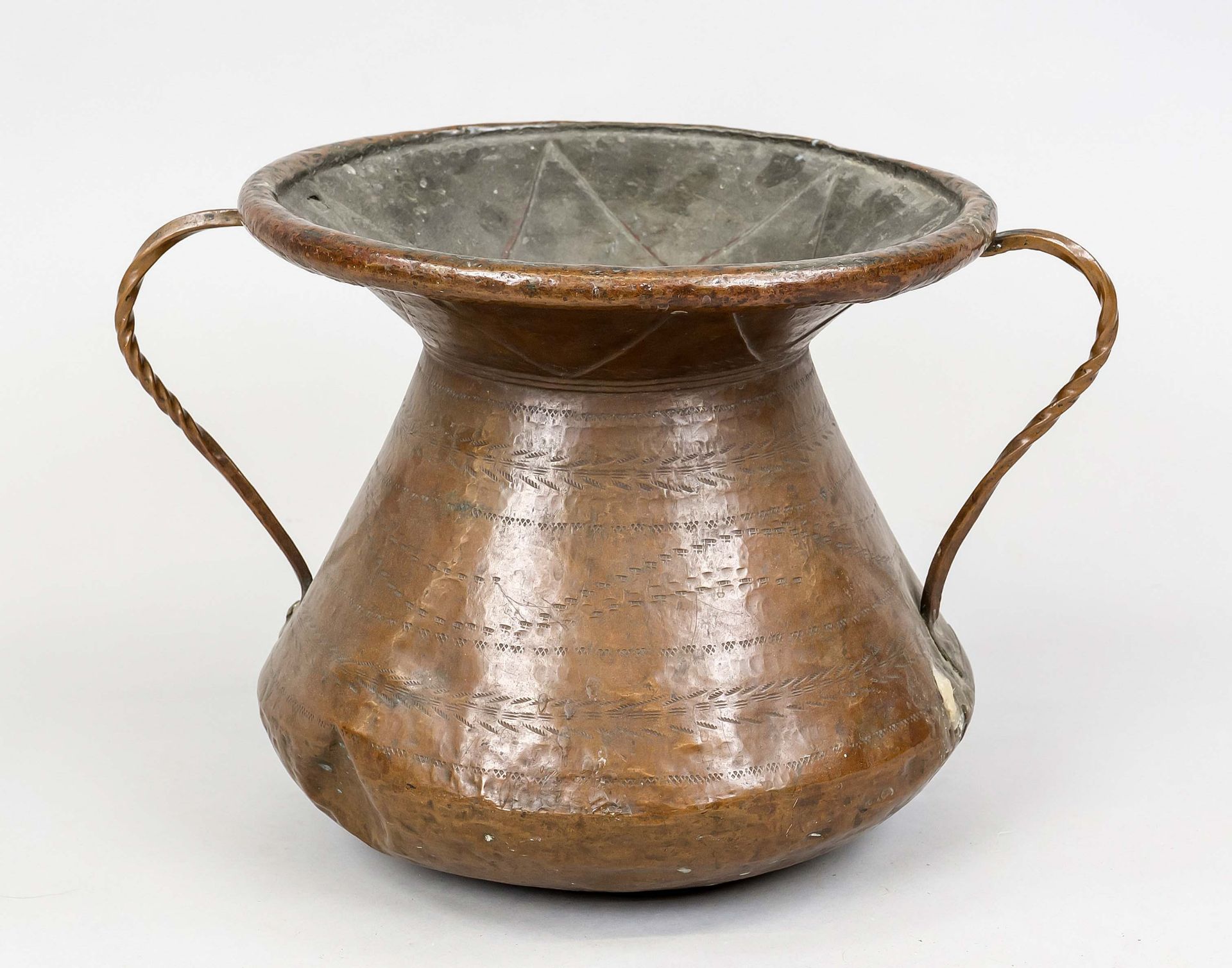 Copper vessel with double handle, 19th century, wall with embossed decoration, funnel-shaped