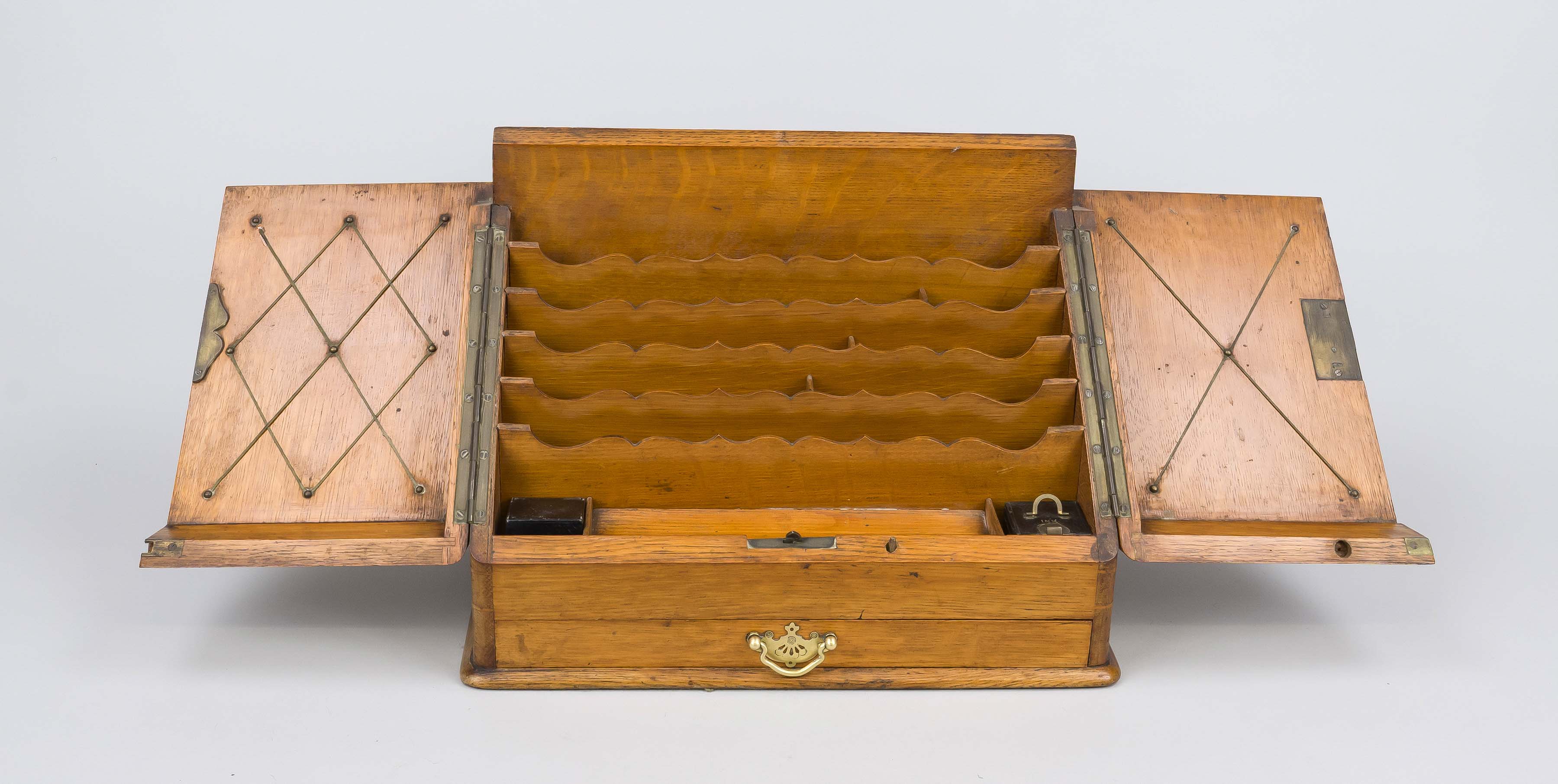 Travel secretary, late 19th century, oak body with brass fittings. Sloping front with hinged door, - Image 2 of 2