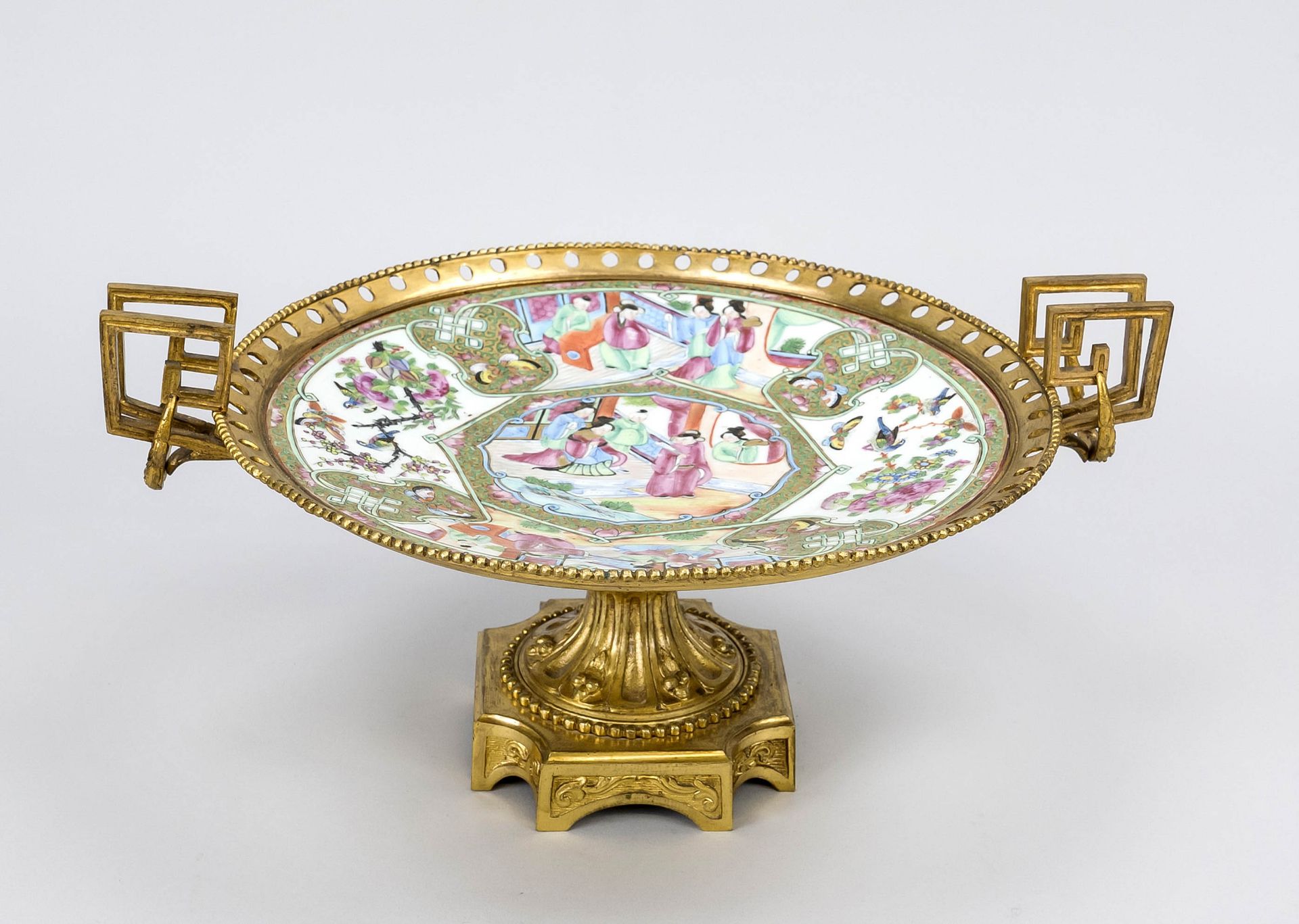 Famille Rose plate with European mounting. Plate China (Canton) 19th century (Qing). Plate with