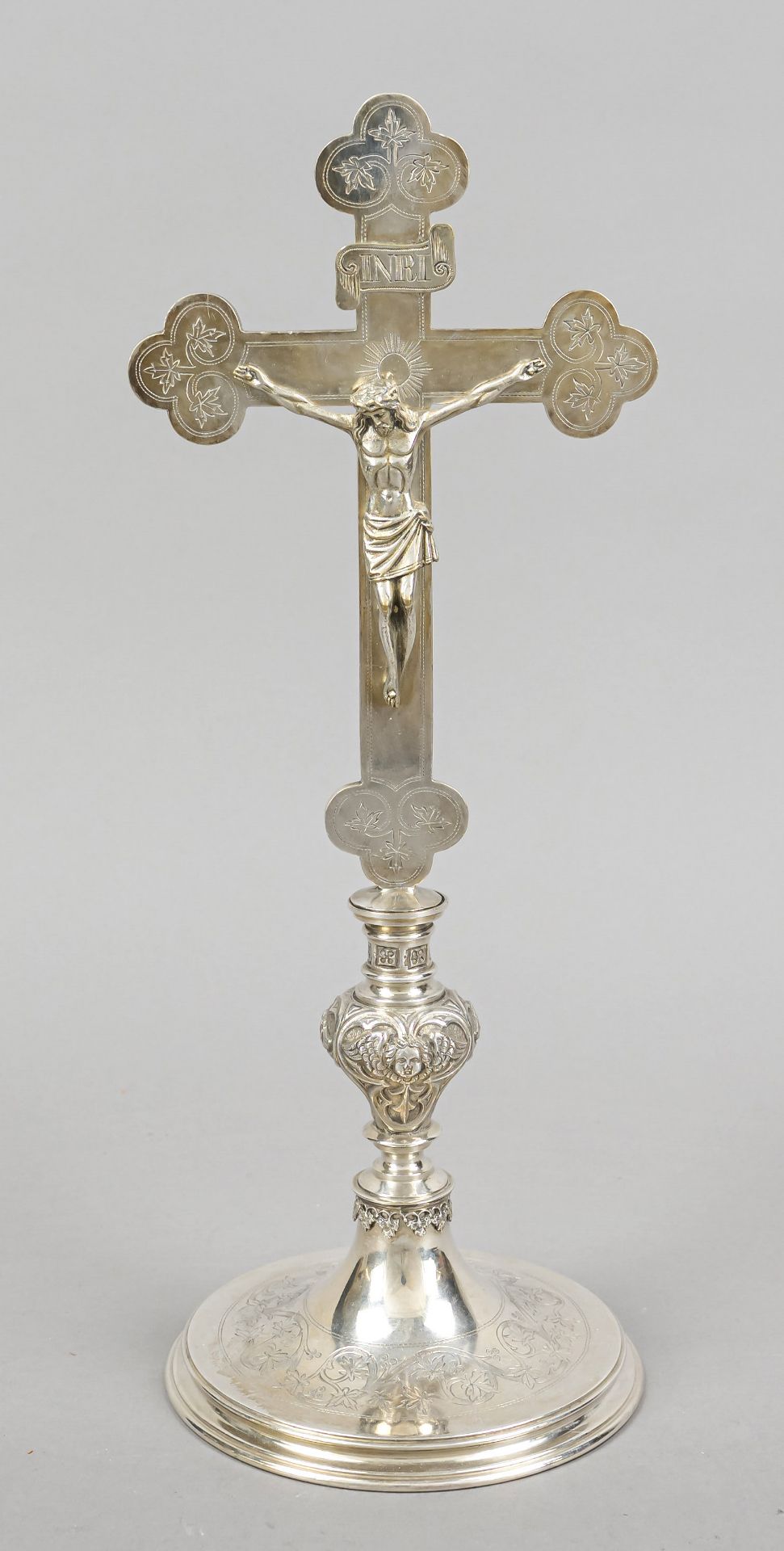 Standing crucifix, German, c. 1900, marked J. Schlossarek, Breslau, silver tested stand, cross