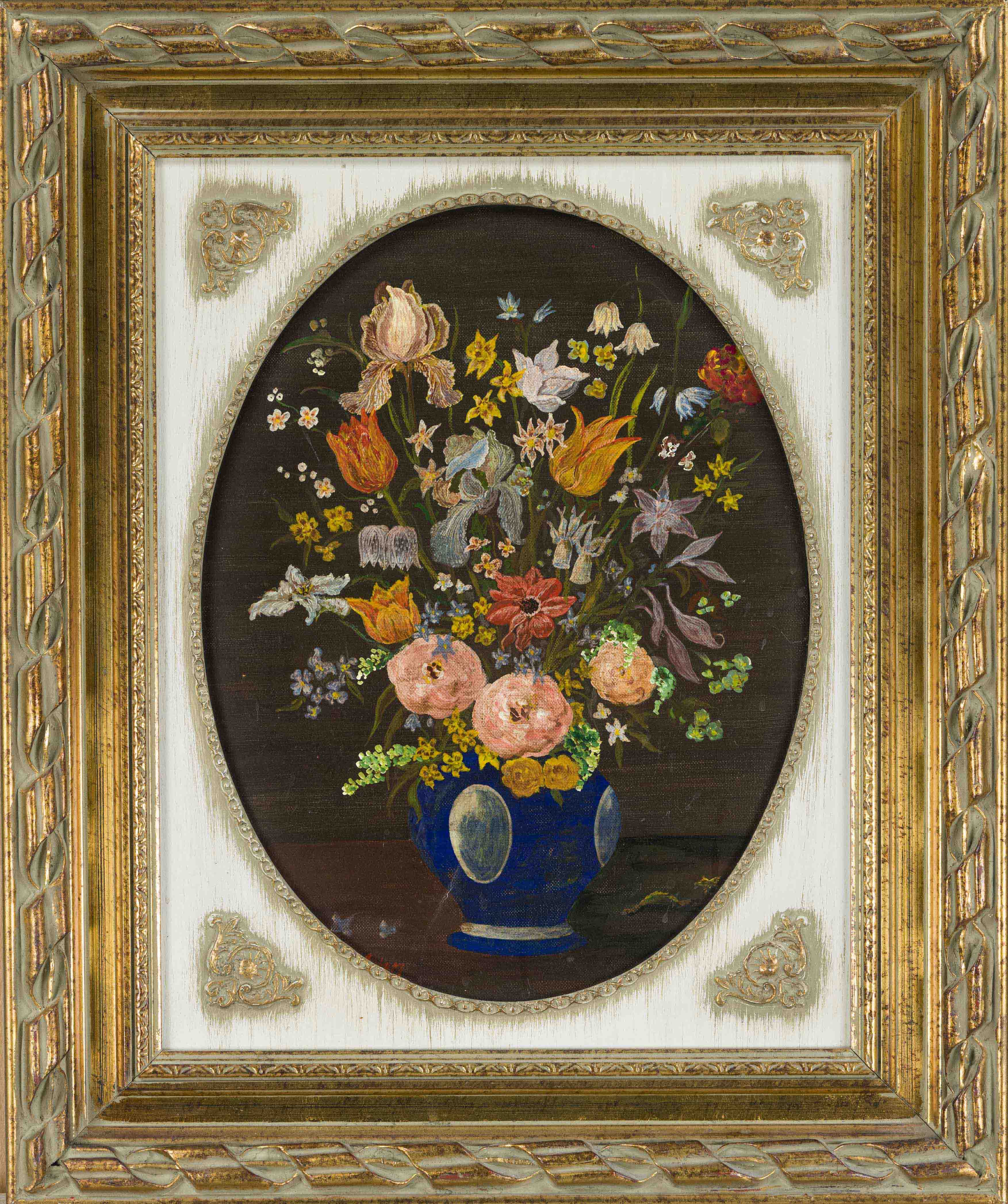 Blumenmaler 2nd half 20th century, stylized flower still life in a blue vase, oil on canvas,