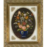 Blumenmaler 2nd half 20th century, stylized flower still life in a blue vase, oil on canvas,