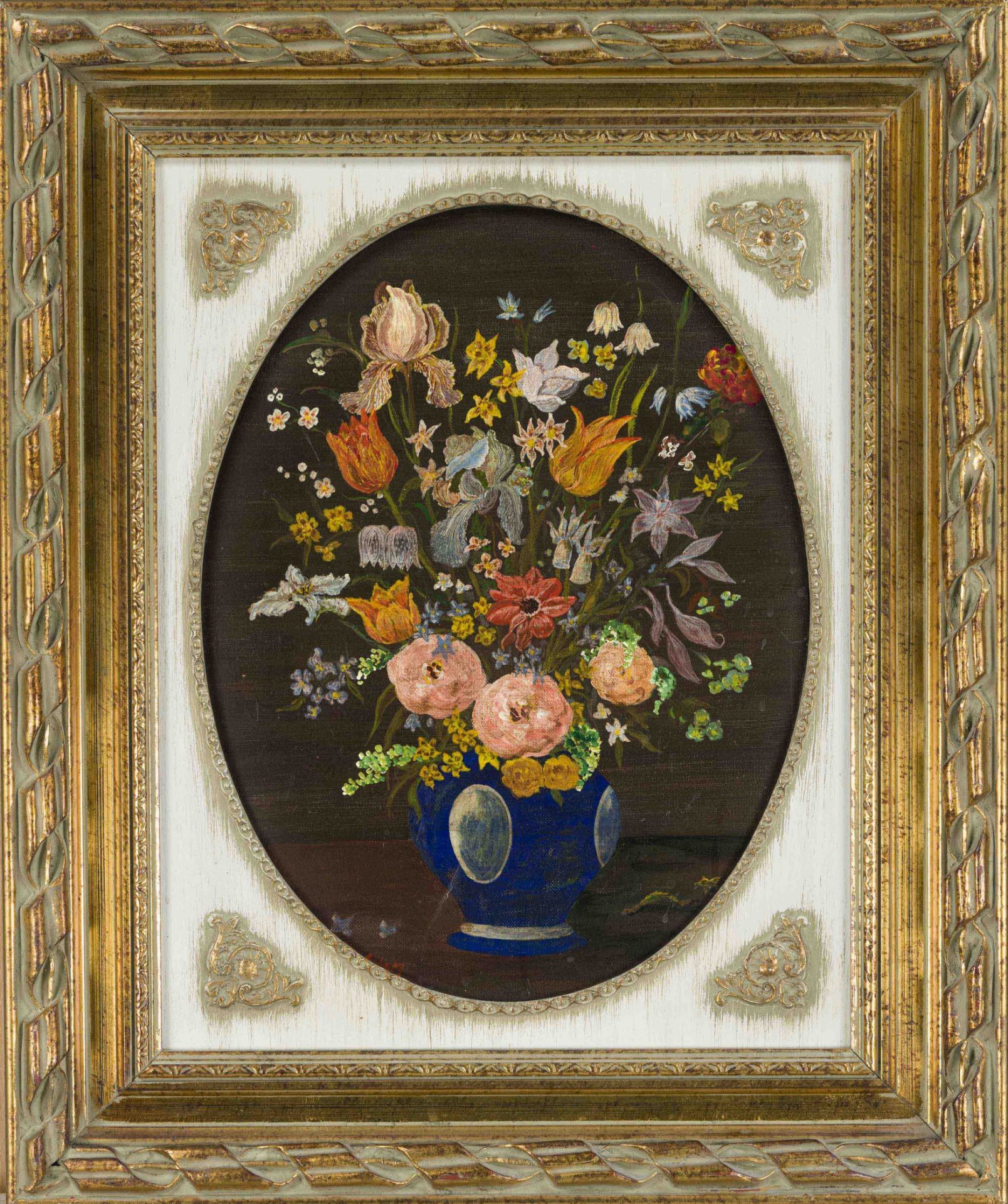 Blumenmaler 2nd half 20th century, stylized flower still life in a blue vase, oil on canvas,