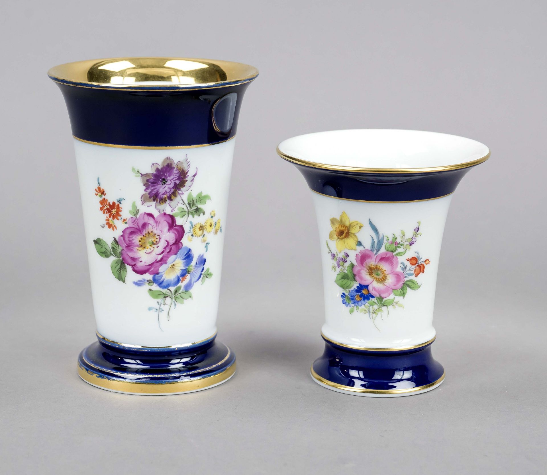 Two vases, Meissen, 20th century, 1st choice, different shapes, partly cobalt blue ground, each with