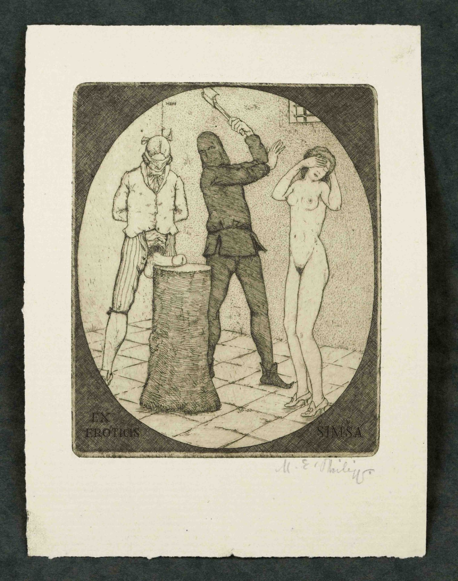 Erotica -- Convolute of 4 etchings with erotic and fetishistic depictions: Etching by Meph, i.e.