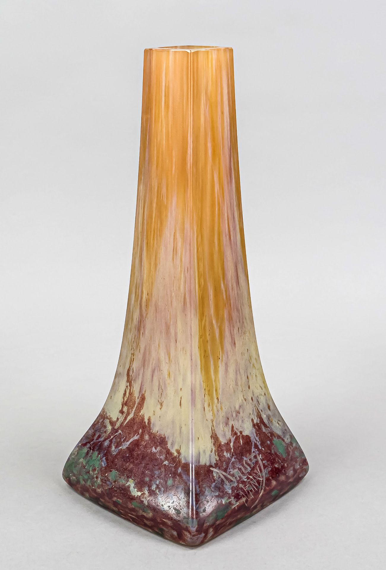 Pole vase, France, early 20th century, Daum Nancy, square base, angular body with tapering wall,