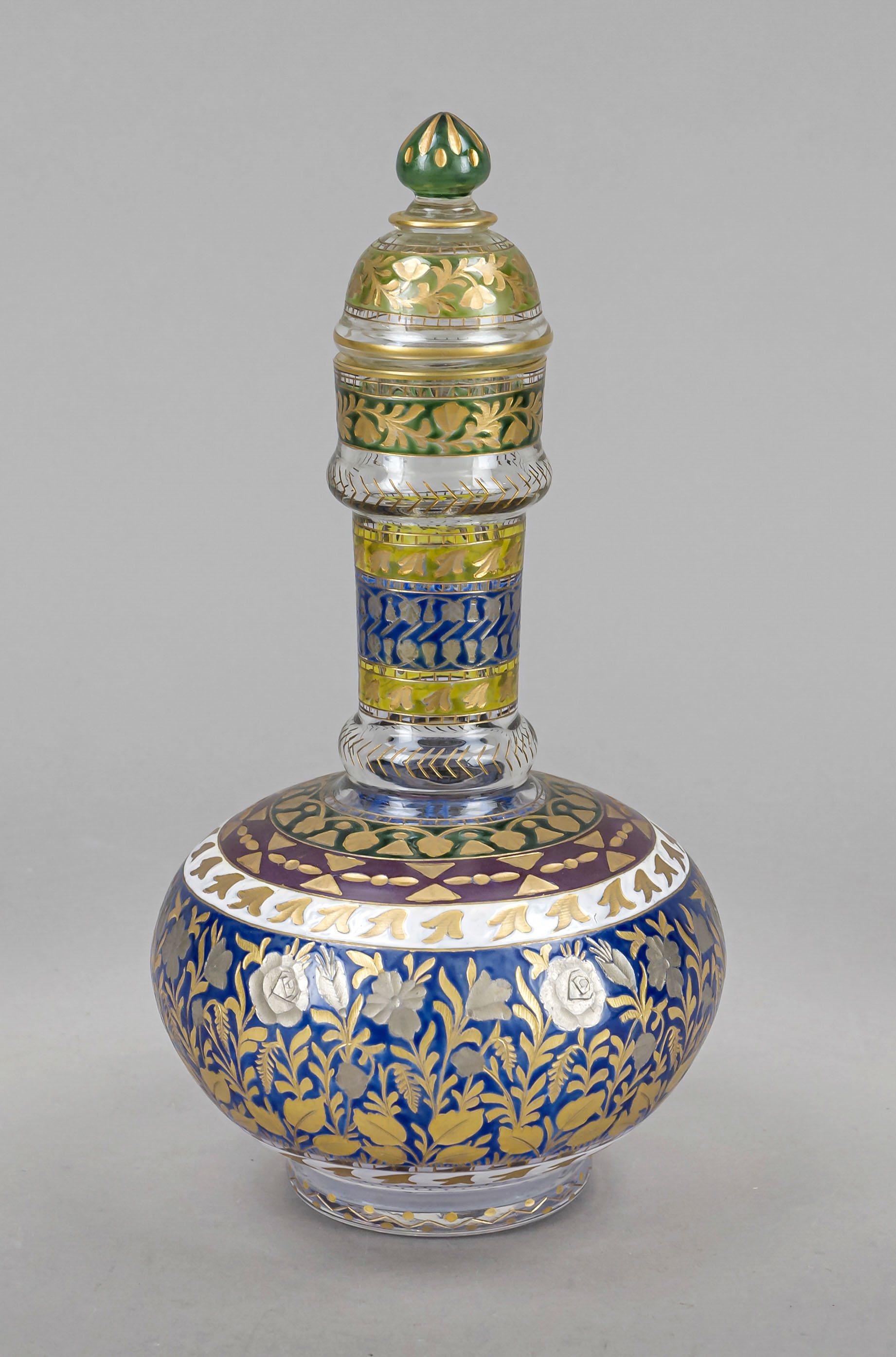 Carafe, c. 1900, probably Fritz Heckert, Jodhpur, round base, spherical body, straight neck, domed