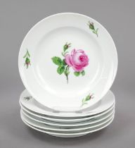 Six dessert plates, Meissen, 19th/20th century, 2nd choice, smooth rim, polychrome painting, red