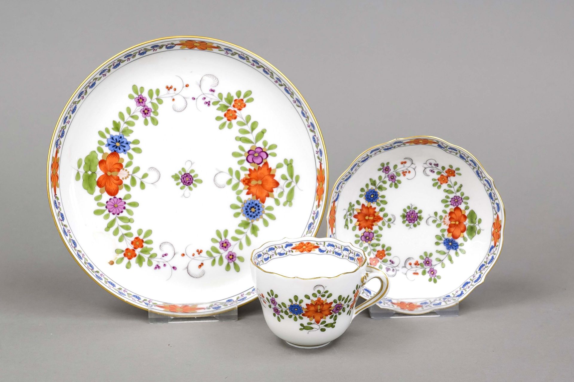Three pieces, Meissen, 20th century, 1st choice, polychrome Indian flower painting, gold rim,