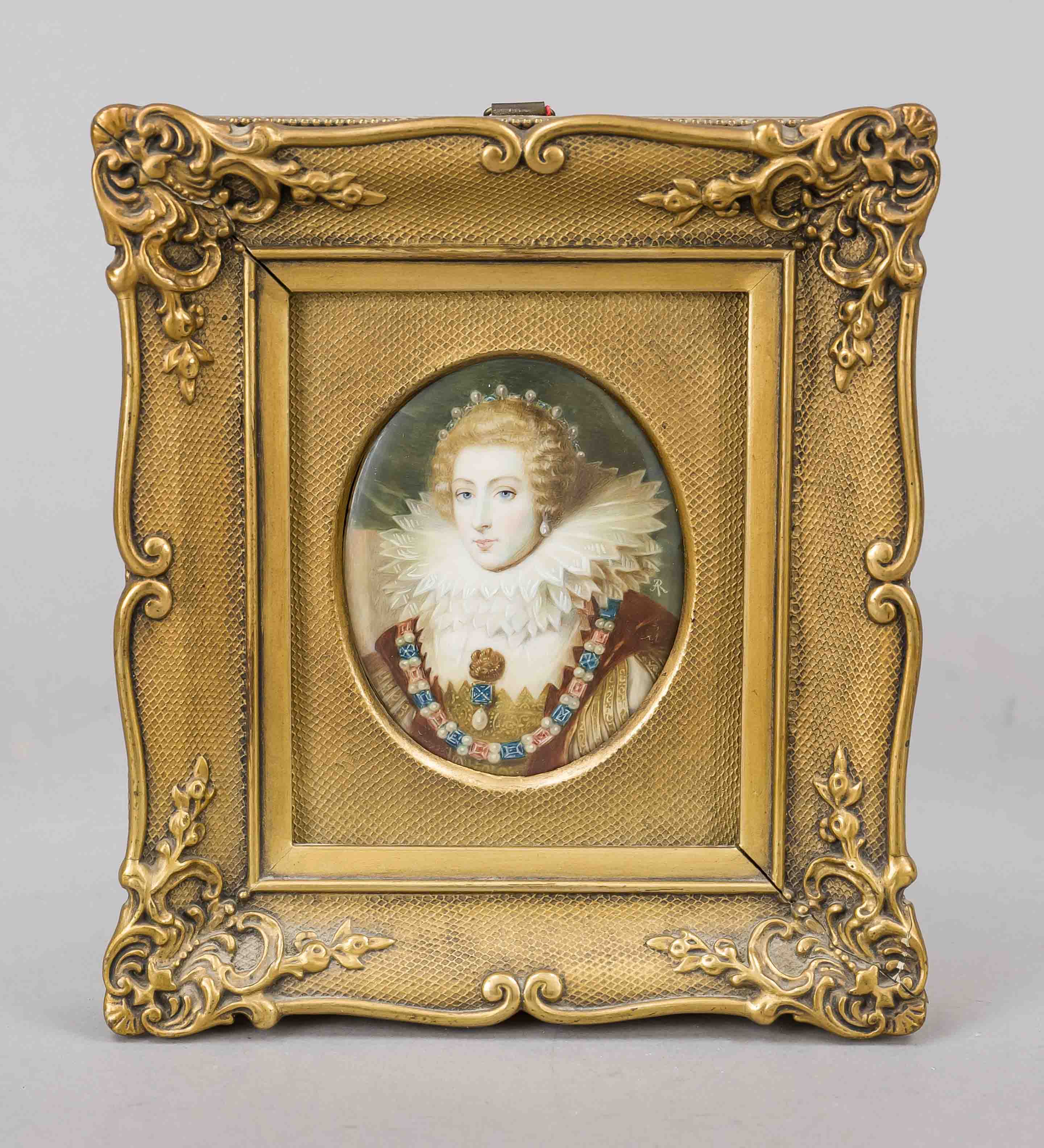 Miniature, 19th/20th century, polychrome tempera painting on bone plate, unopened, oval portrait