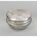 Round Art Nouveau box with silver lid, France, c. 1900, Daum body, Nancy, round base, conical body