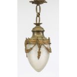 Ceiling lamp, late 19th century, brass frame on chain, etched glass shade with cut decoration, h. (