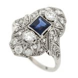 Sapphire old-cut diamond ring WG 585/000 with a very good faceted sapphire square 0.91 ct in a