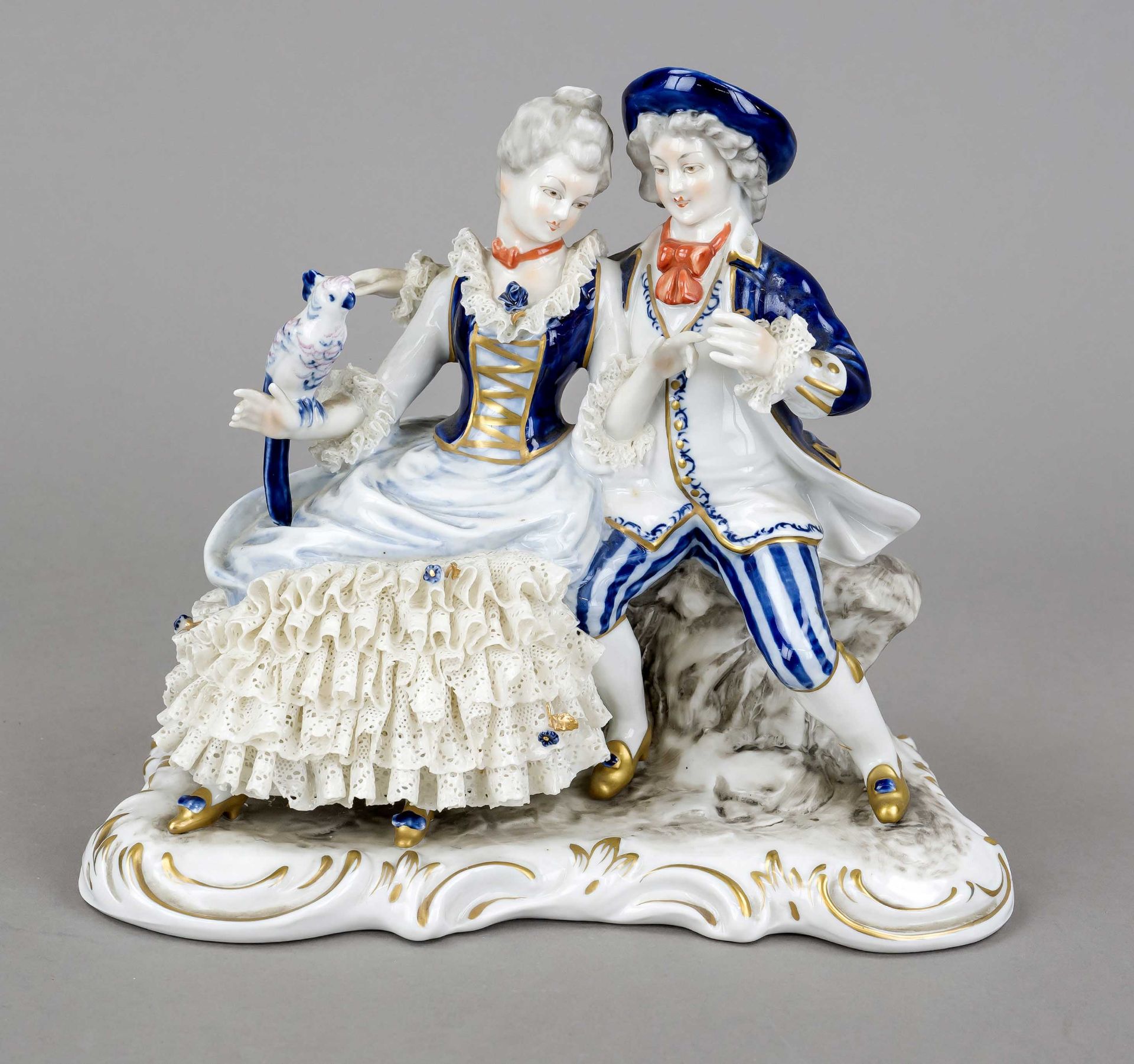 Elegant couple with parrot, Unterweißbach, Thuringia, 20th century, elegant lady in rococo dress