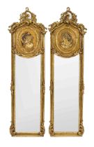 Pair of salon mirrors after an antique model, 20th century, stuccoed wood, gilded bronze, faceted