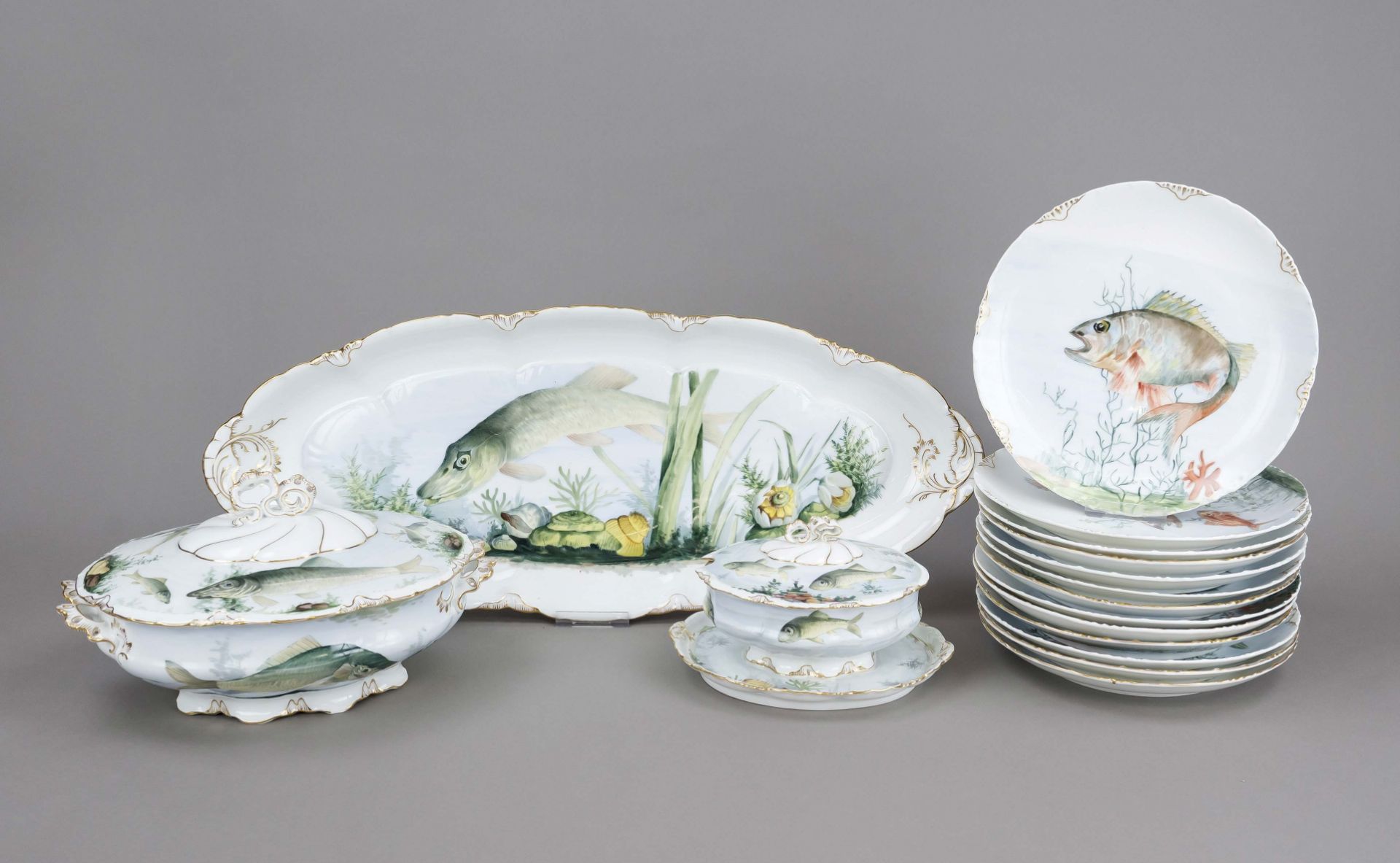 Fish service for 12 persons, 15-piece, Rosenthal, c. 1900, Versailles model, polychrome painted with