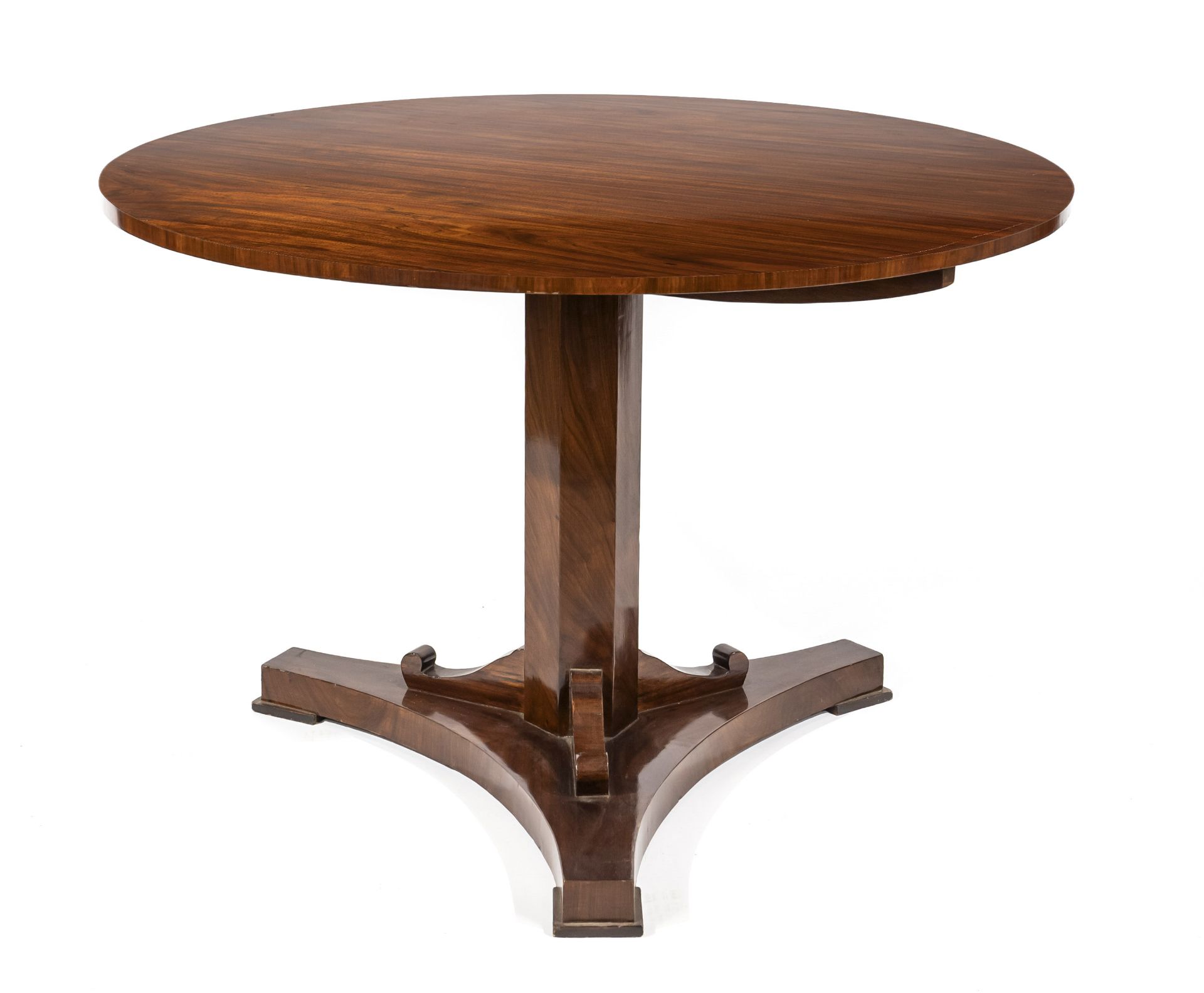 Round tea table in the Biedermeier style, late 20th century, mahogany veneer, folding top, h. 75 cm,